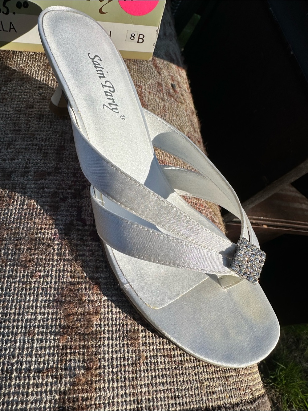 T Party Fashion White Satin Rhinestone Accent Slide Heels